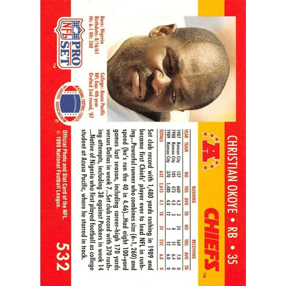 1990 Pro Set #532 Christian Okoye NM-MT Kansas City Chiefs Football Card - Football Card Single