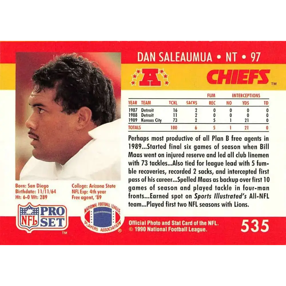 1990 Pro Set #535 Dan Saleaumua NM-MT Kansas City Chiefs Football Card - Football Card Single