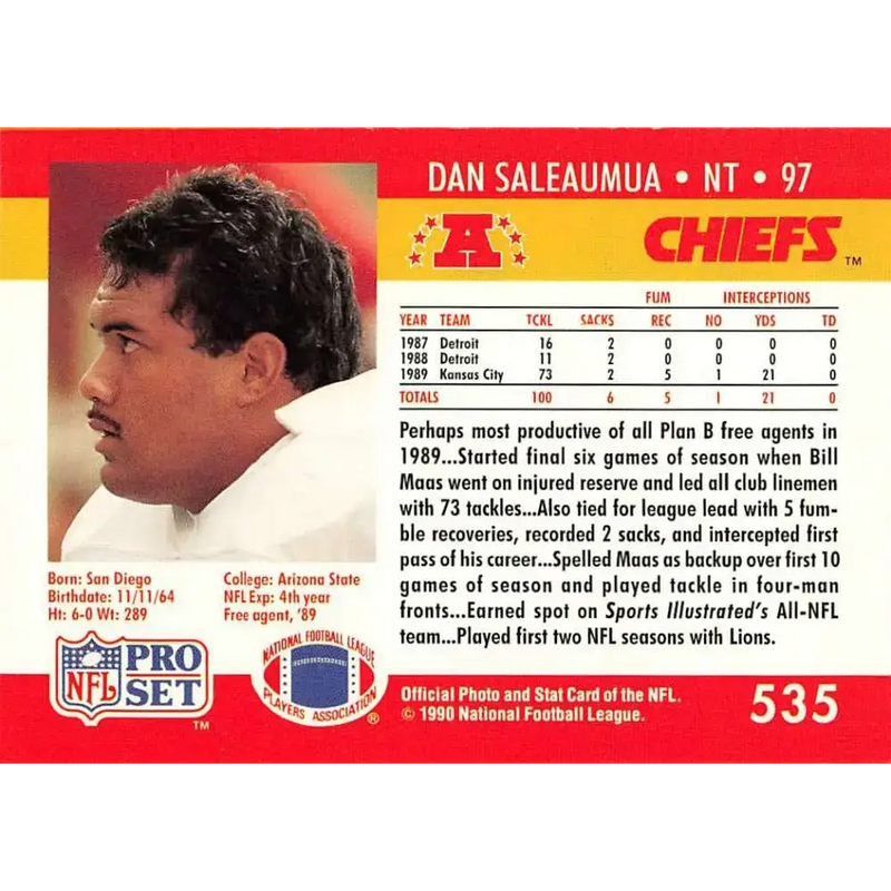 1990 Pro Set #535 Dan Saleaumua NM-MT Kansas City Chiefs Football Card - Football Card Single