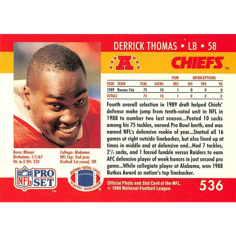 1990 Pro Set #536 Derrick Thomas NM-MT Kansas City Chiefs Football Card - Football Card Single