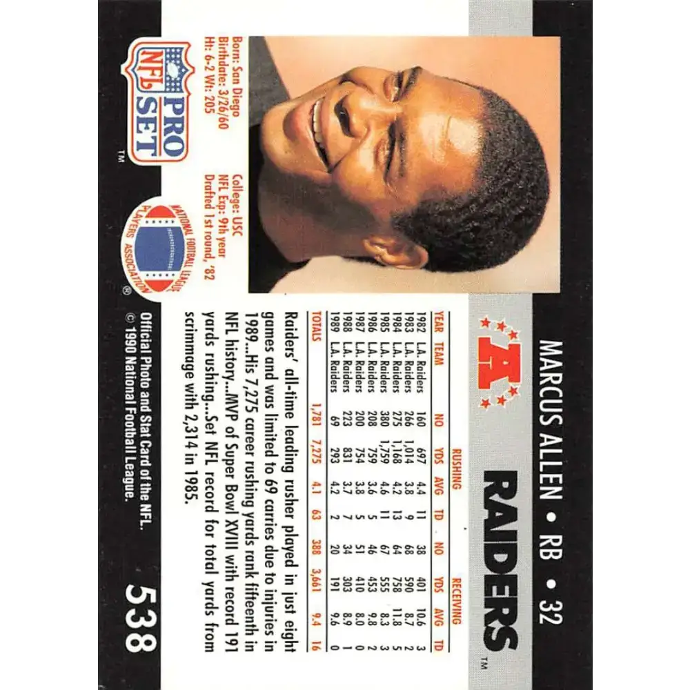1990 Pro Set #538 Marcus Allen NM-MT Los Angeles Raiders Football Card - Football Card Single