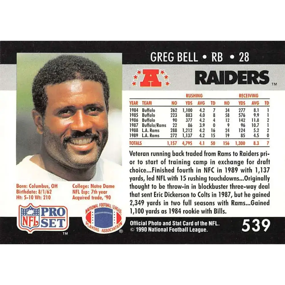 1990 Pro Set #539 Greg Bell NM-MT Los Angeles Raiders Football Card - Football Card Single