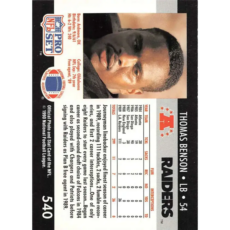 1990 Pro Set #540 Thomas Benson NM-MT RC Rookie Los Angeles Raiders Football Card - Football Card Single