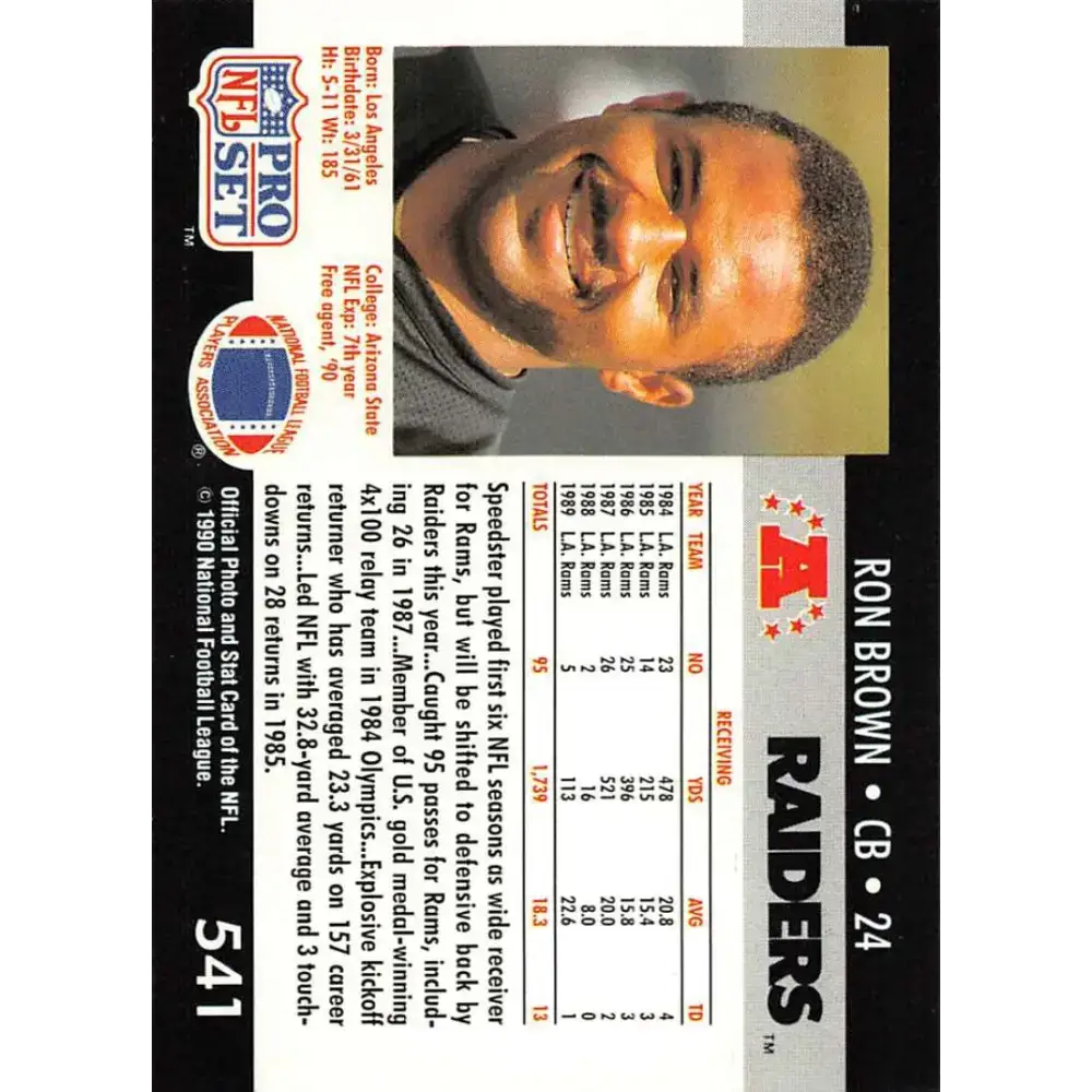 1990 Pro Set #541 Ron Brown NM-MT Los Angeles Raiders Football Card - Football Card Single