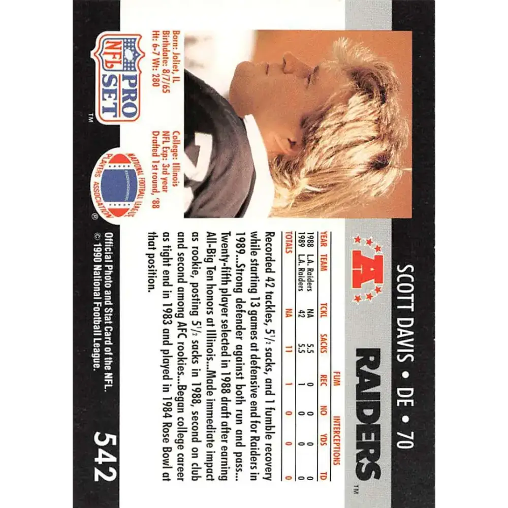 1990 Pro Set #542 Scott Davis NM-MT Los Angeles Raiders Football Card - Football Card Single