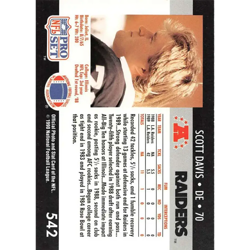 1990 Pro Set #542 Scott Davis NM-MT Los Angeles Raiders Football Card - Football Card Single
