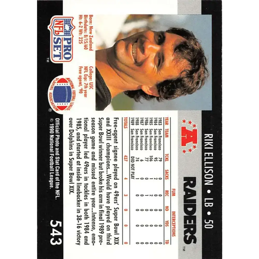 1990 Pro Set #543 Riki Ellison NM-MT Los Angeles Raiders Football Card - Football Card Single