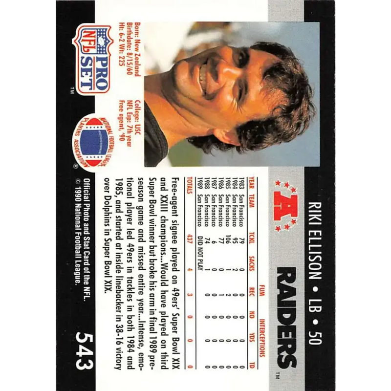 1990 Pro Set #543 Riki Ellison NM-MT Los Angeles Raiders Football Card - Football Card Single