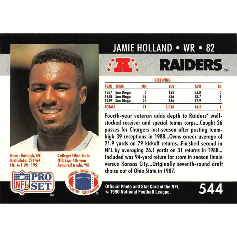1990 Pro Set #544 Jamie Holland NM-MT Los Angeles Raiders Football Card - Football Card Single