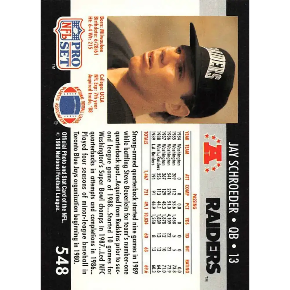1990 Pro Set #548 Jay Schroeder NM-MT Los Angeles Raiders Football Card - Football Card Single