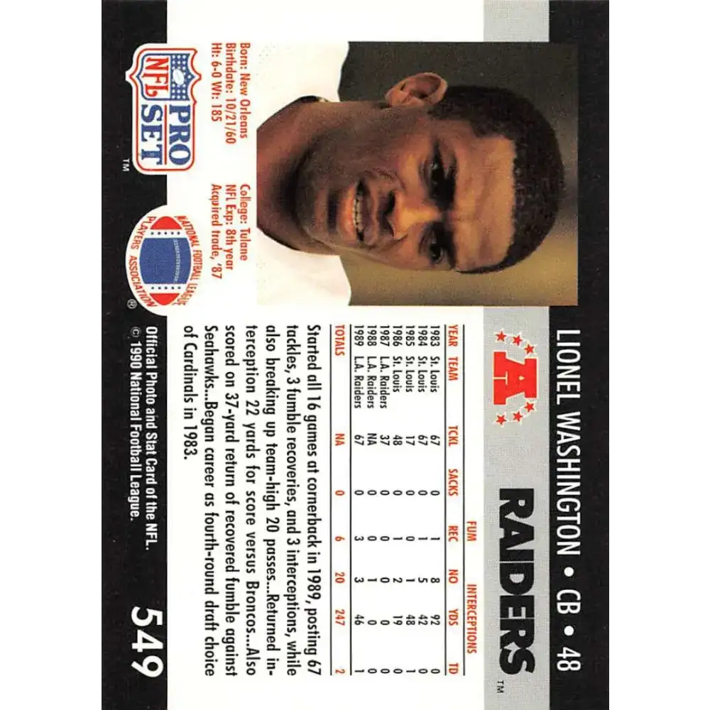 1990 Pro Set #549 Lionel Washington NM-MT Los Angeles Raiders Football Card - Football Card Single