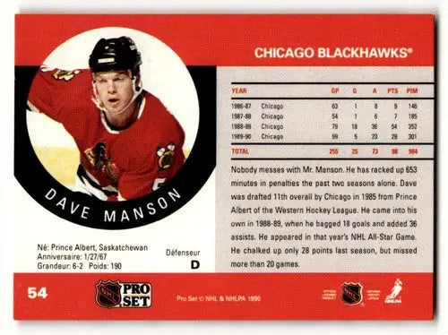 1990 Pro Set #54a Dave Manson Chicago Blackhawks Hockey Cards EX/NM ID:60540 - Hockey Card Single