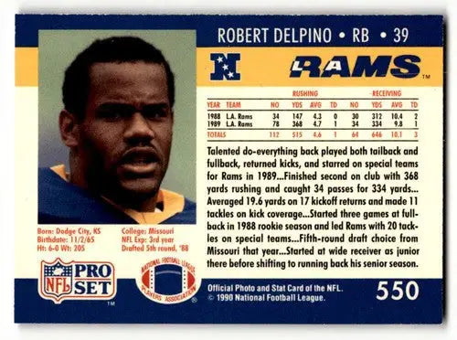 Robert Delpino Los Angeles Rams football card from 1990 Pro Set, EX condition
