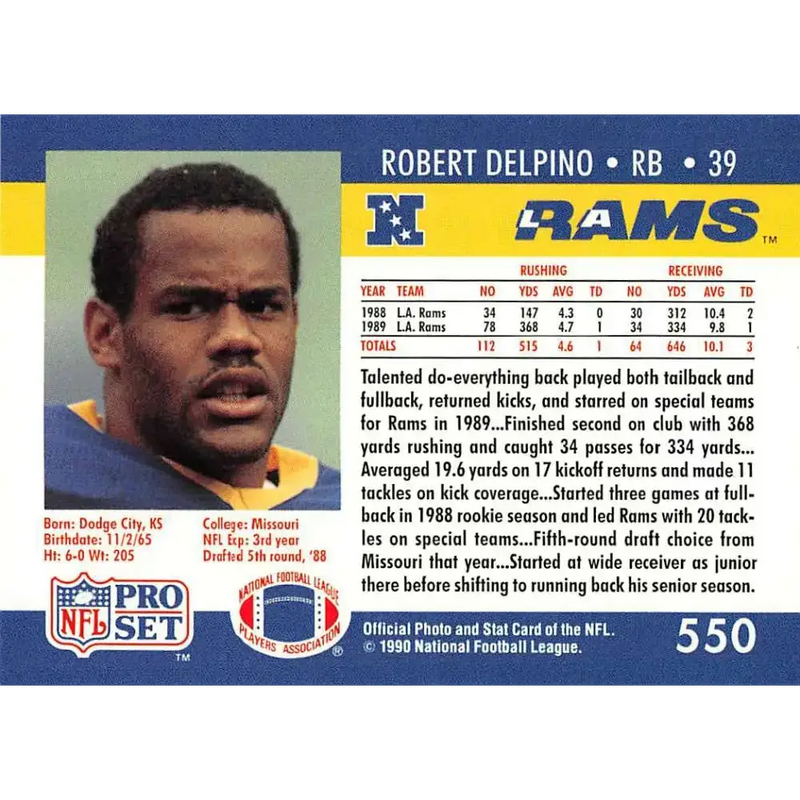 1990 Pro Set #550 Robert Delpino NM-MT Los Angeles Rams Football Card - Football Card Single