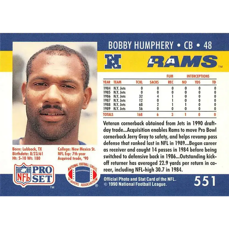 1990 Pro Set #551 Bobby Humphrey NM-MT Los Angeles Rams Football Card - Football Card Single