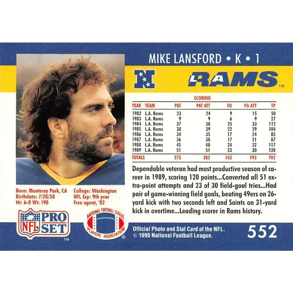 1990 Pro Set #552 Mike Lansford NM-MT Los Angeles Rams Football Card - Football Card Single