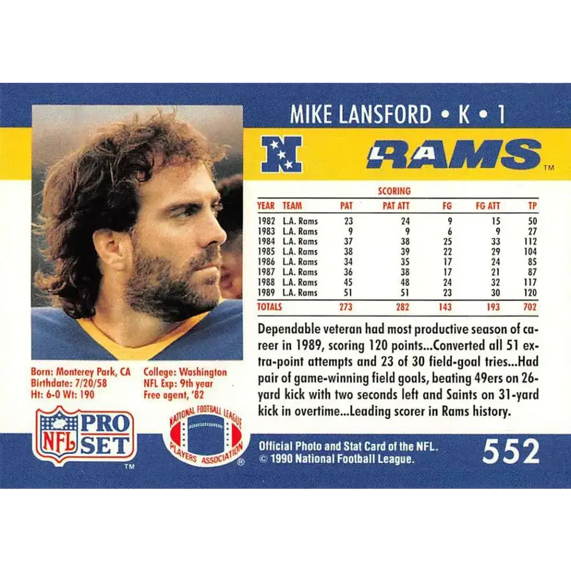 1990 Pro Set #552 Mike Lansford NM-MT Los Angeles Rams Football Card - Football Card Single