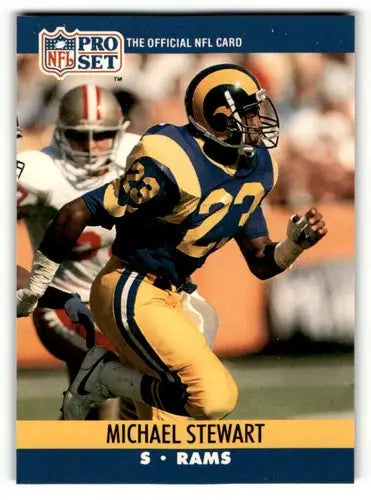 Michael Stewart Los Angeles Rams football card from 1990 Pro Set product display