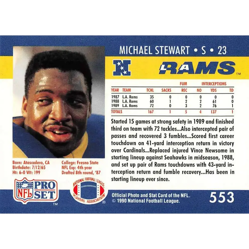 1990 Pro Set #553 Michael Stewart NM-MT RC Rookie Los Angeles Rams Football Card - Football Card Single