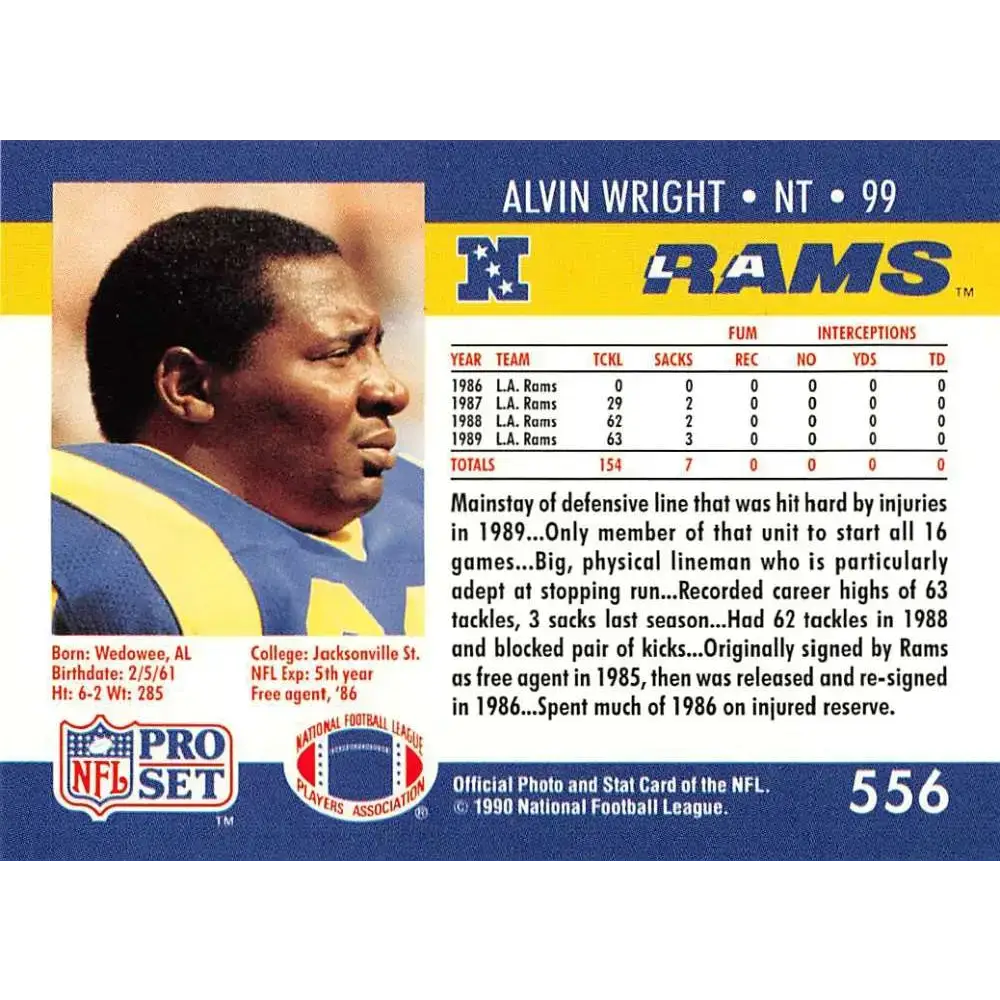1990 Pro Set #556 Alvin Wright NM-MT RC Rookie Los Angeles Rams Football Card - Football Card Single