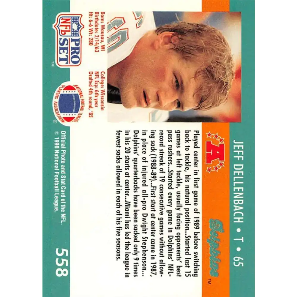 1990 Pro Set #558 Jeff Dellenbach NM-MT RC Rookie Miami Dolphins Football Card - Football Card Single