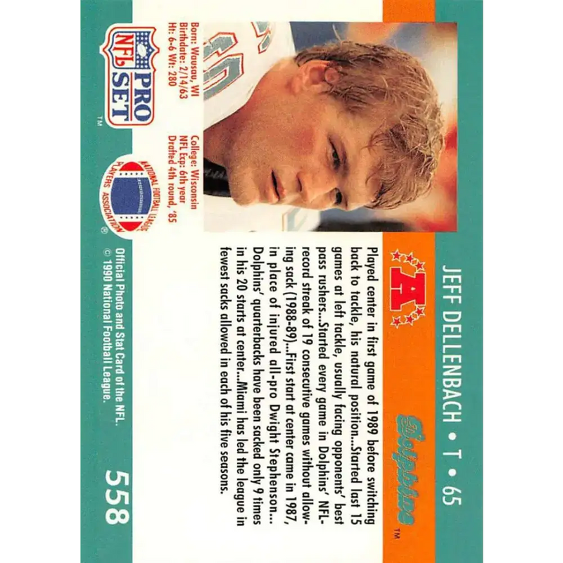 1990 Pro Set #558 Jeff Dellenbach NM-MT RC Rookie Miami Dolphins Football Card - Football Card Single