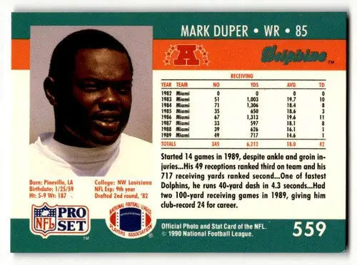1990 Pro Set #559 Mark Duper Miami Dolphins Football Cards EX/NM ID:60137 - Football Card Single