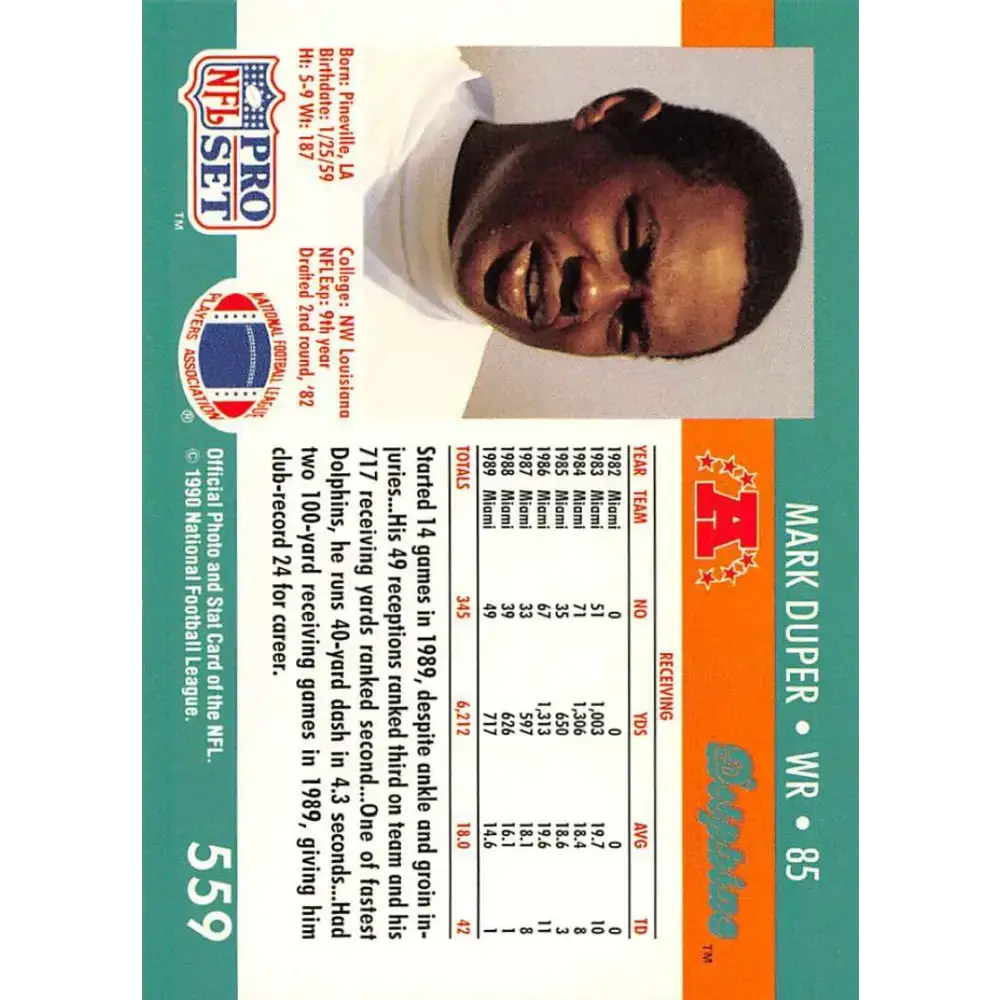 1990 Pro Set #559 Mark Duper NM-MT Miami Dolphins Football Card - Football Card Single