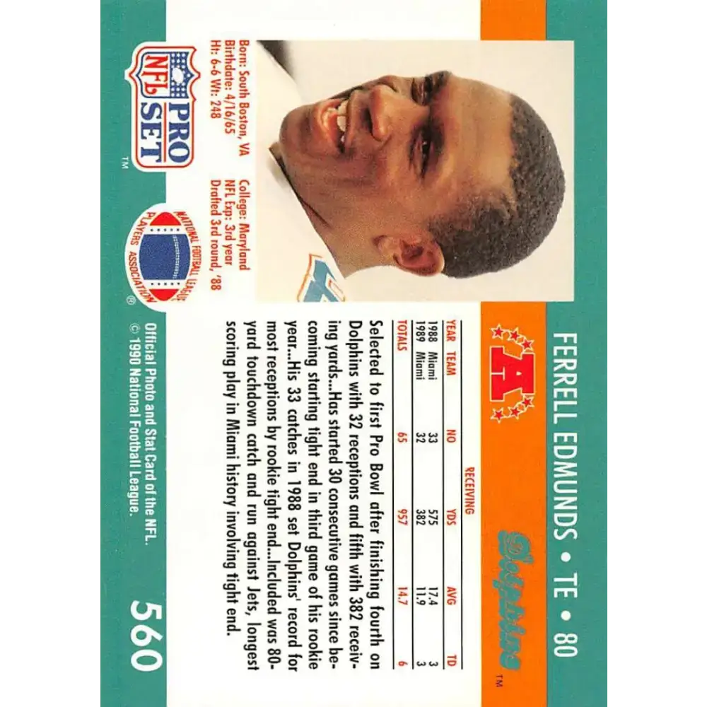 1990 Pro Set #560 Ferrell Edmunds NM-MT Miami Dolphins Football Card - Football Card Single