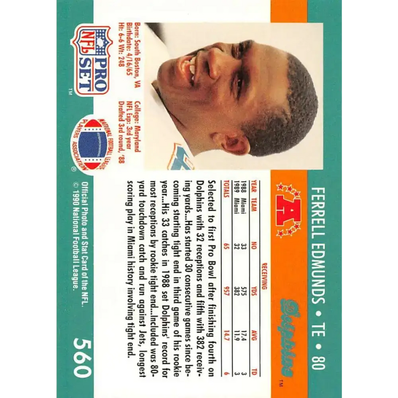 1990 Pro Set #560 Ferrell Edmunds NM-MT Miami Dolphins Football Card - Football Card Single