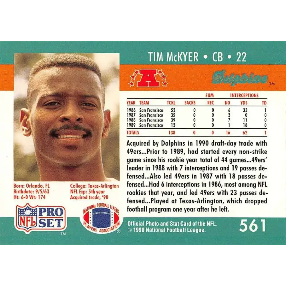 1990 Pro Set #561 Tim McKyer NM-MT Miami Dolphins Football Card - Football Card Single