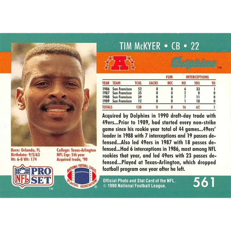 1990 Pro Set #561 Tim McKyer NM-MT Miami Dolphins Football Card - Football Card Single