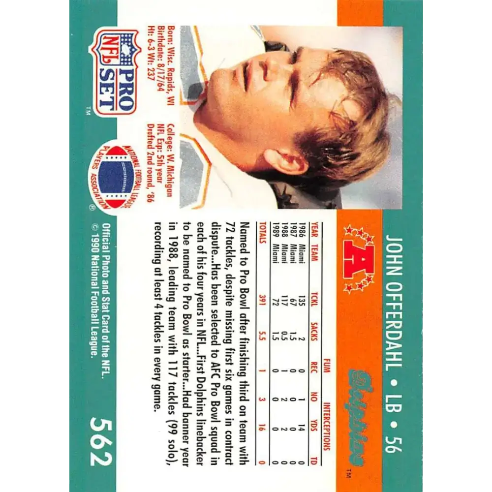 1990 Pro Set #562 John Offerdahl NM-MT Miami Dolphins Football Card - Football Card Single