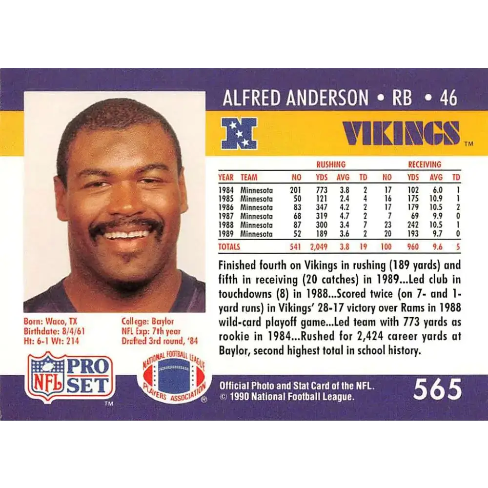 1990 Pro Set #565 Alfred Anderson NM-MT Minnesota Vikings Football Card - Football Card Single