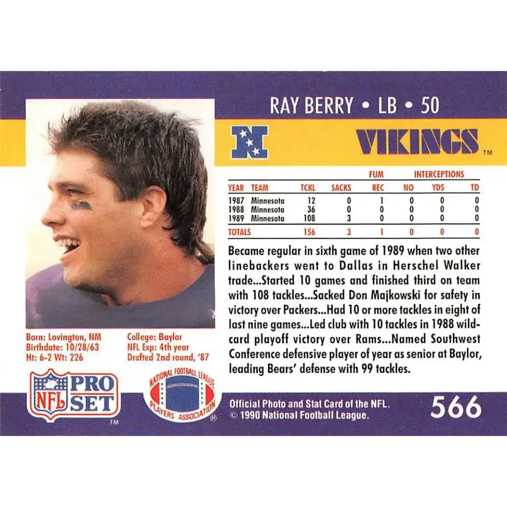 1990 Pro Set #566 Ray Berry NM-MT Minnesota Vikings Football Card - Football Card Single