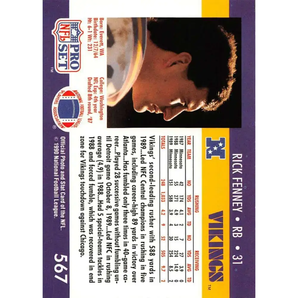 1990 Pro Set #567 Rick Fenney NM-MT Minnesota Vikings Football Card - Football Card Single