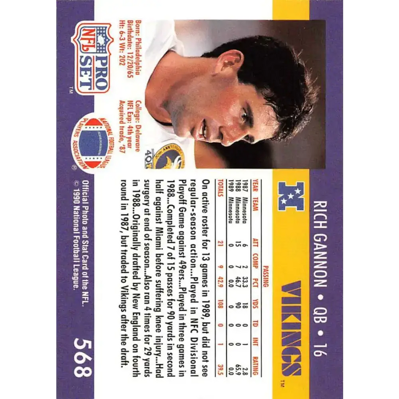 1990 Pro Set #568 Rich Gannon NM-MT RC Rookie Minnesota Vikings Football Card - Football Card Single