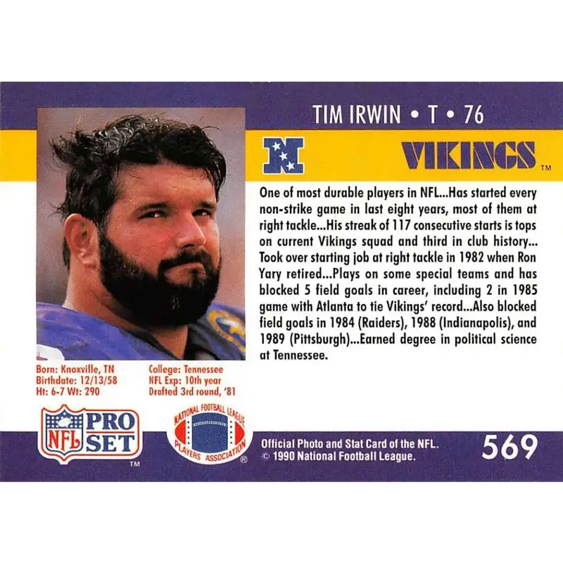 1990 Pro Set #569 Tim Irwin NM-MT RC Rookie Minnesota Vikings Football Card - Football Card Single