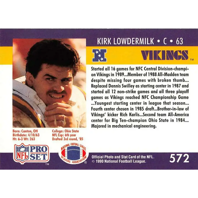 1990 Pro Set #572 Kirk Lowdermilk NM-MT Minnesota Vikings Football Card - Football Card Single
