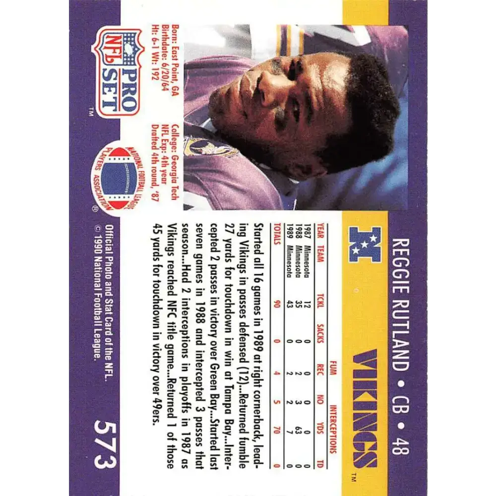1990 Pro Set #573 Reggie Rutland NM-MT RC Rookie Minnesota Vikings Football Card - Football Card Single