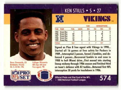 Original gloss Pro Set Ken Stills football card from 1990 Minnesota Vikings collection