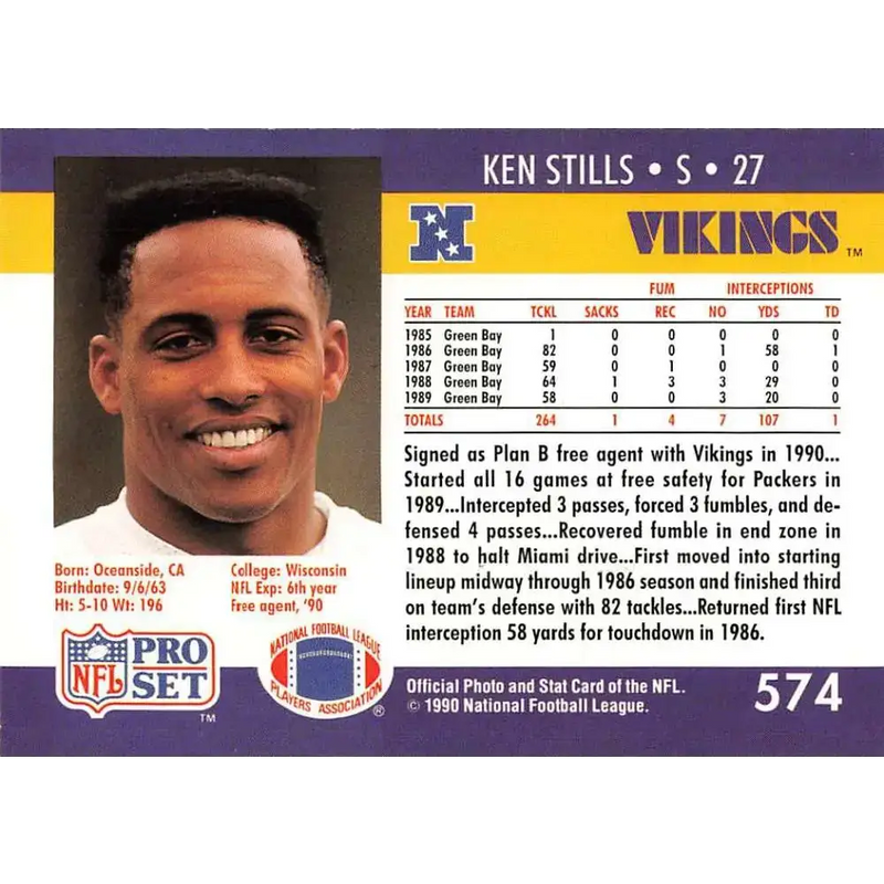 1990 Pro Set #574 Ken Stills NM-MT RC Rookie Minnesota Vikings Football Card - Football Card Single