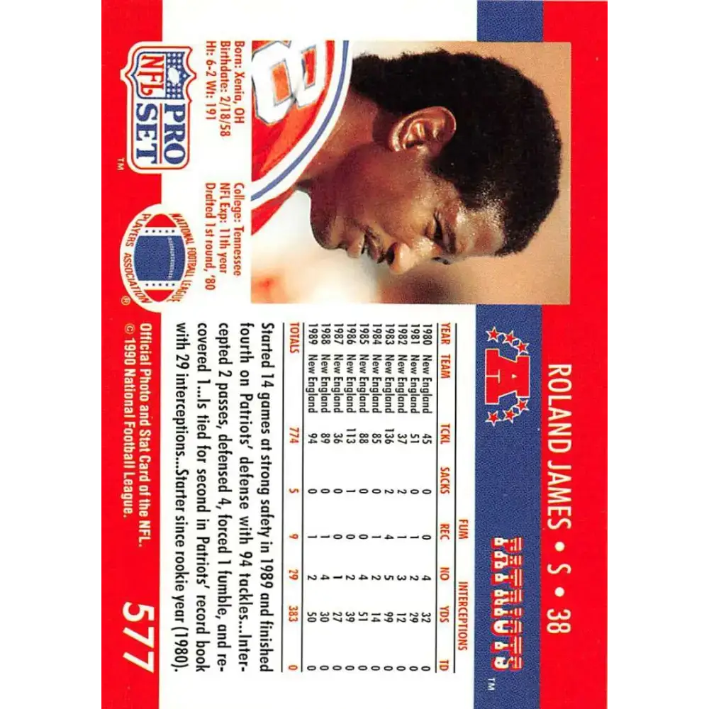 1990 Pro Set #577 Roland James NM-MT New England Patriots Football Card - Football Card Single