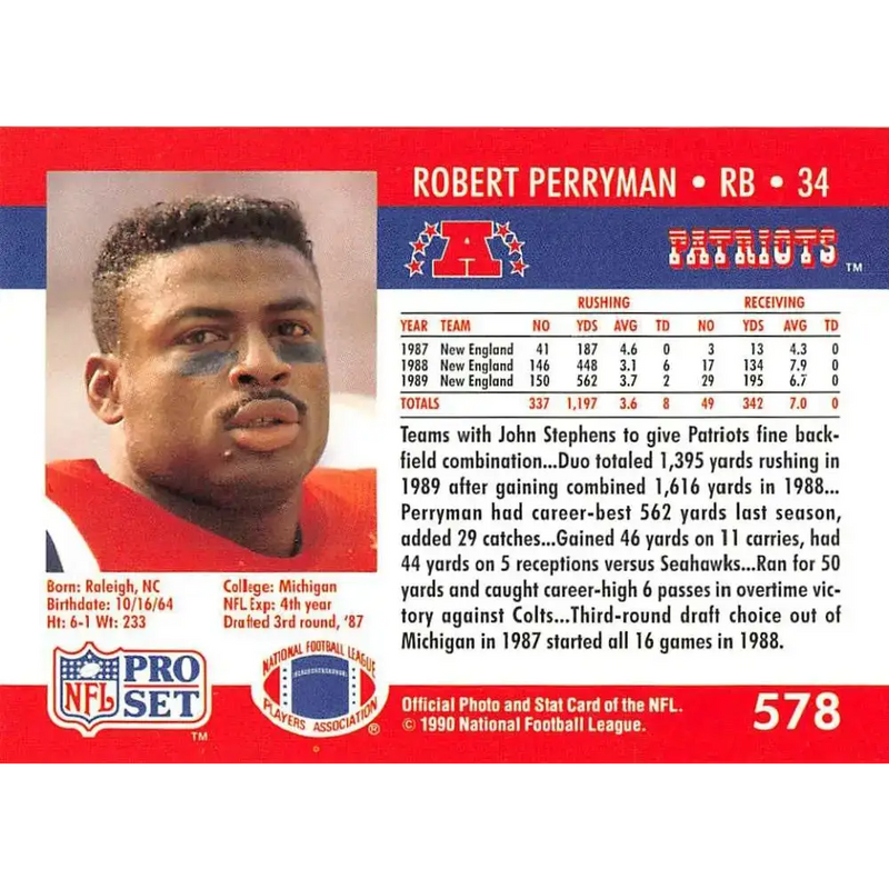 1990 Pro Set #578 Robert Perryman NM-MT New England Patriots Football Card - Football Card Single