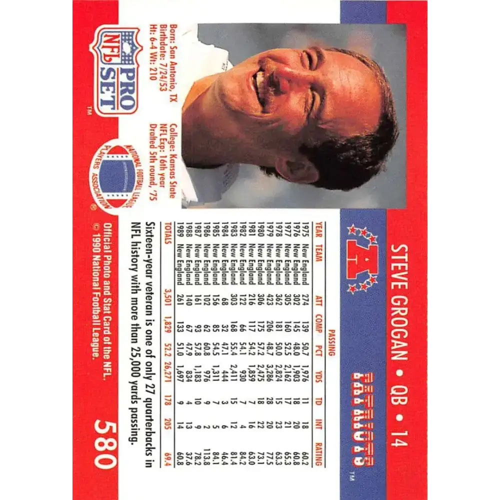 1990 Pro Set #580 Steve Grogan NM-MT New England Patriots Football Card - Football Card Single