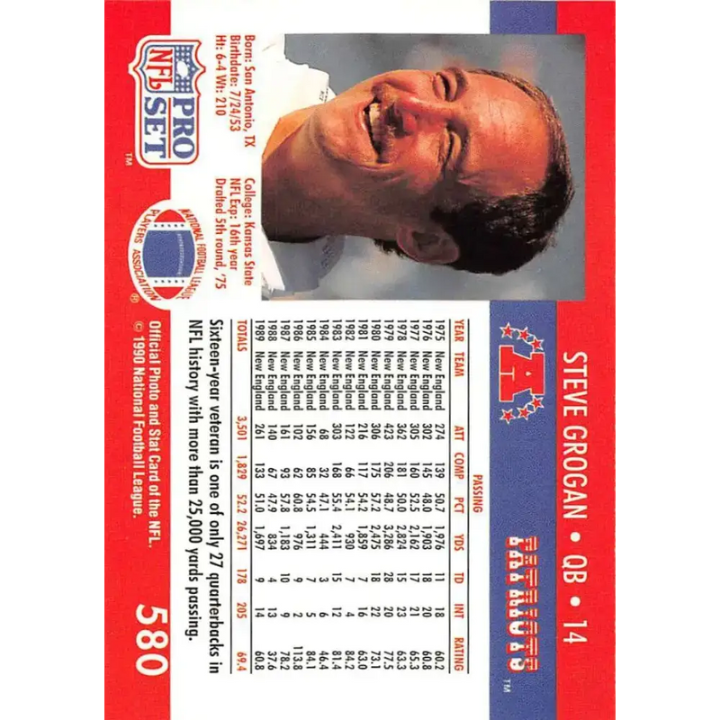 1990 Pro Set #580 Steve Grogan NM-MT New England Patriots Football Card - Football Card Single