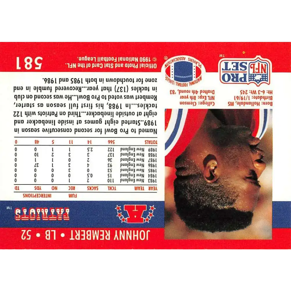 1990 Pro Set #581 Johnny Rembert NM-MT New England Patriots Football Card - Football Card Single