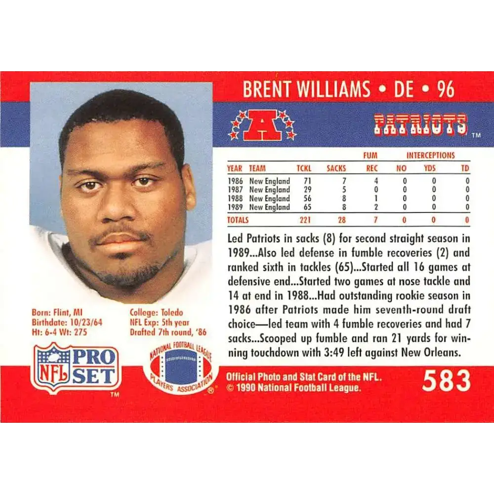 1990 Pro Set #583 Brent Williams NM-MT New England Patriots Football Card - Football Card Single