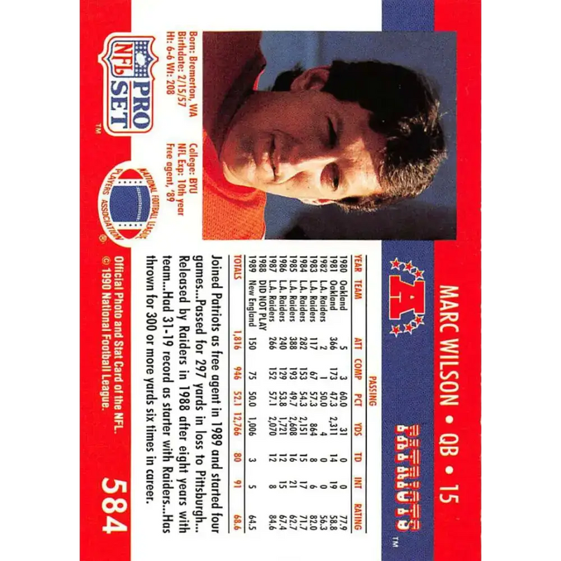1990 Pro Set #584 Marc Wilson NM-MT New England Patriots Football Card - Football Card Single