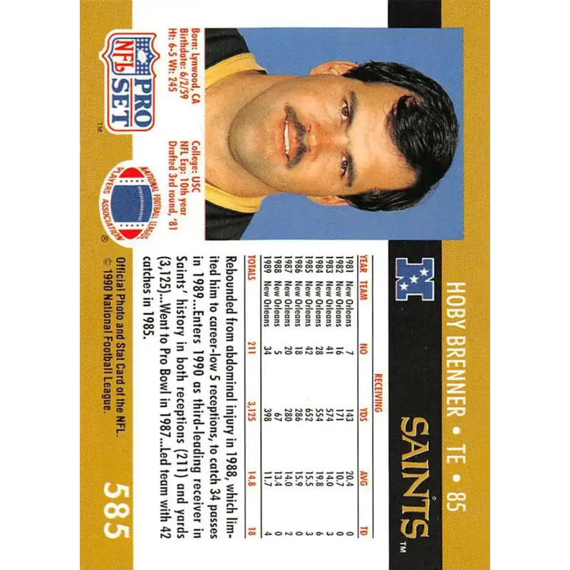 1990 Pro Set #585 Hoby Brenner NM-MT New Orleans Saints Football Card - Football Card Single